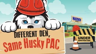  Different Den, Same Husky PAC cartoon graphic with husky wearing red hard hat at construction site
